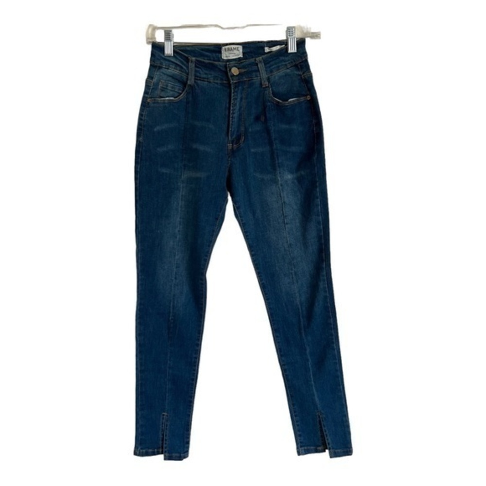Women Blue Skinny Denim Jeans With Front Hem Slit